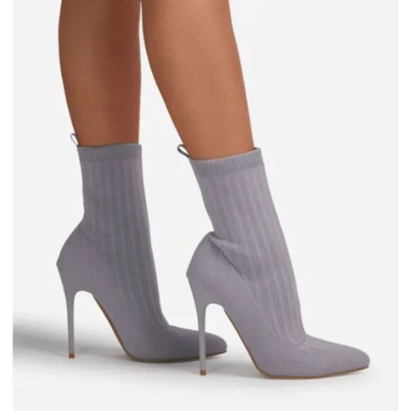 WOMENS RIBBED KNIT POINTY TOE SOCK ANKLE BOOTS Grey Size